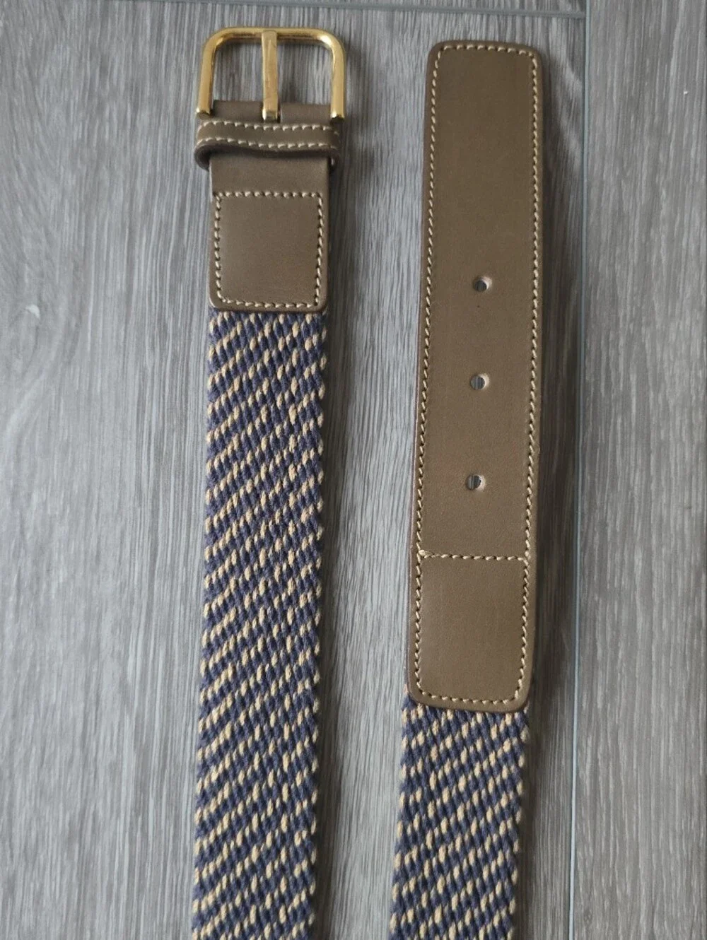 Longhi Belt Made in Italy Navy Tan Woven Stretch Leather Trim Gold Buckle 34